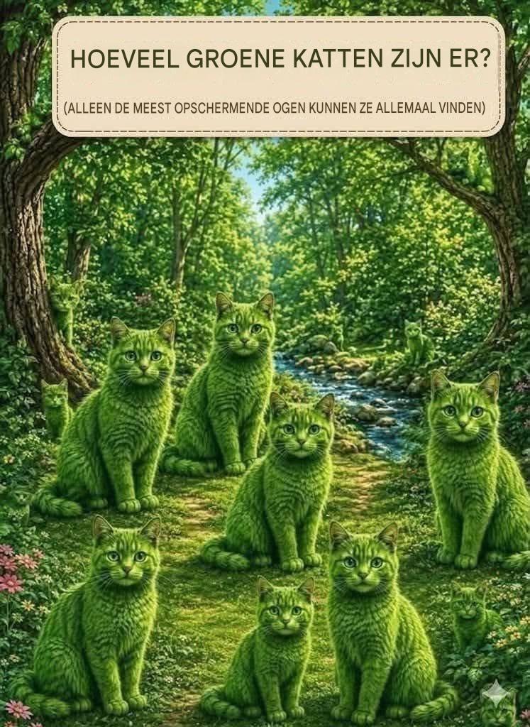 Hoeveel groene katten kun je vinden? Het antwoord vind je via de link.