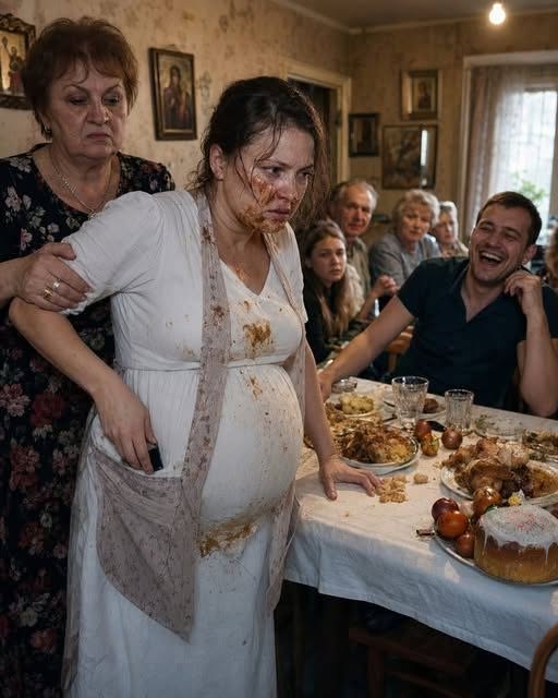 Tijdens het paasdiner met twintig gasten drukte mijn schoonmoeder, die zeven maanden zwanger was, plotseling mijn gezicht recht in het bord.