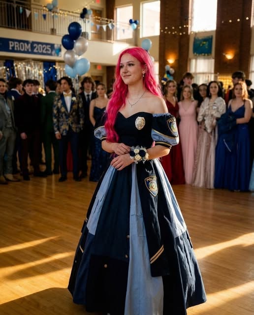 Mijn dochter droeg een galajurk gemaakt van het uniform van haar overleden vader – tot één moment in de gymzaal alles veranderde.