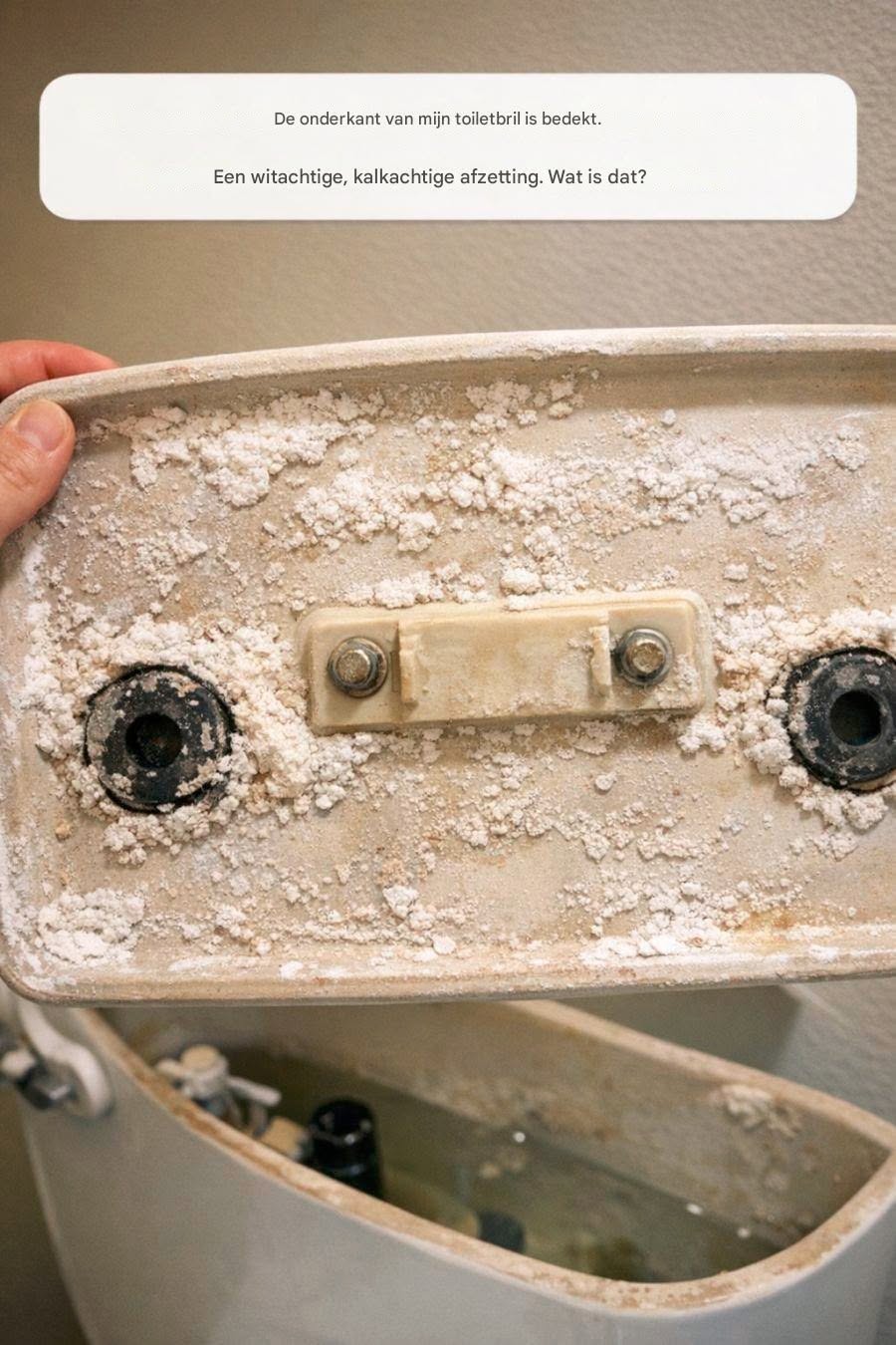 De onderkant van het deksel van mijn toiletreservoir is bedekt met een witachtige, kalkachtige aanslag. Wat is dat?