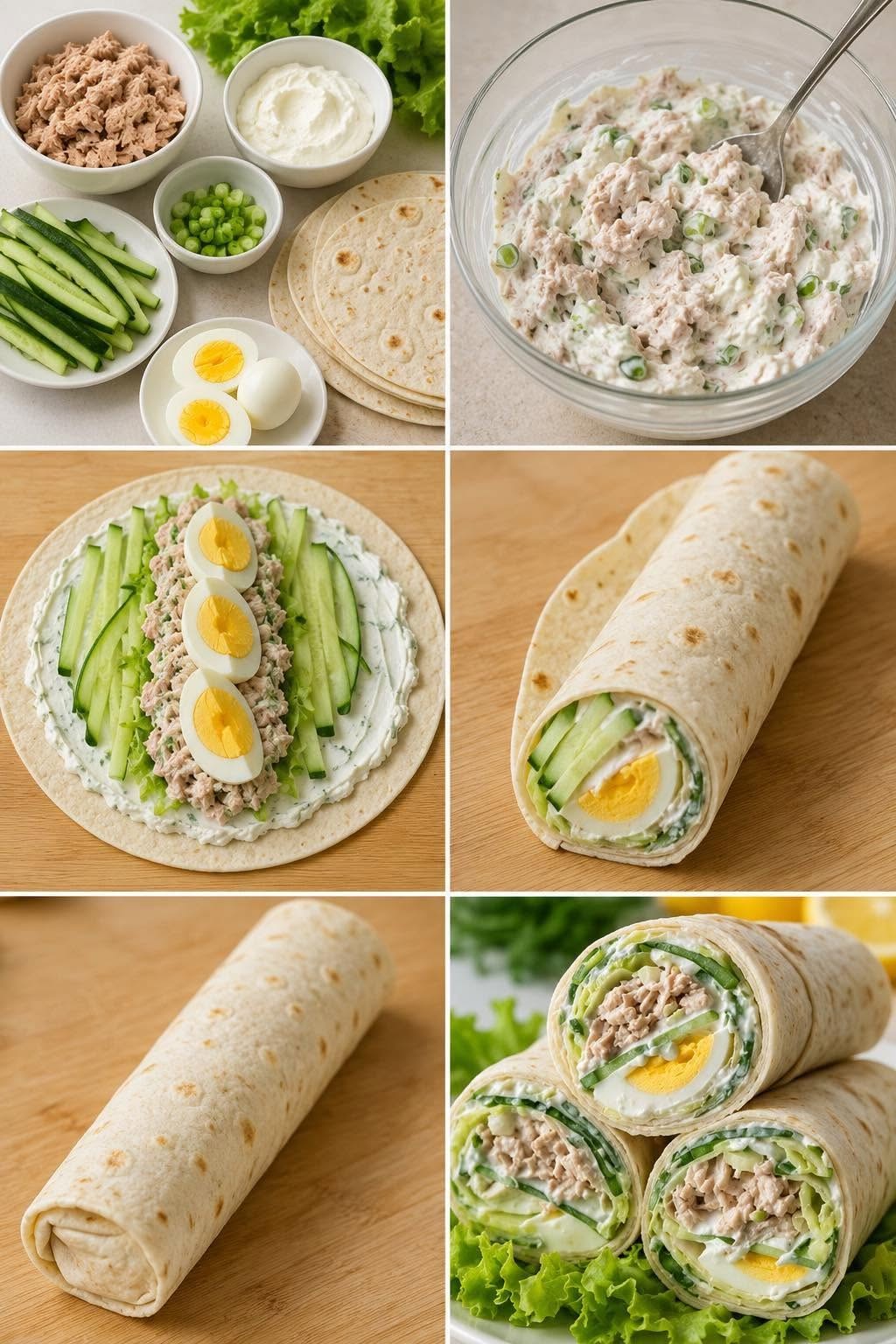 Tonijnwrap met komkommer en hardgekookt ei: een fris en makkelijk receptWraps zijn dankzij hun eenvoud, frisheid en praktische bruikbaarheid een onmisbaar onderdeel van onze keukens geworden. Ze zijn in een paar minuten klaar te maken en vormen een geweldig alternatief voor klassieke sandwiches. Deze variant met tonijn, komkommer en hardgekookt ei combineert verfijning en balans voor een maaltijd die zowel heerlijk als voedzaam is.  De romige mix van tonijn en verse kaas zorgt voor een onweerstaanbare, smeltende textuur, terwijl komkommer een knapperige en verfrissende toets toevoegt. Hardgekookte eieren vullen de vulling perfect aan met hun zoetheid en eiwitrijkdom, waardoor een complete en perfect uitgebalanceerde wrap ontstaat.  Dit recept is perfect voor drukke dagen waarop je snel wilt koken zonder in te leveren op smaak. Of het nu voor een lunch op kantoor, een picknick, een lichte brunch of een snel diner is, deze wraps zijn perfect voor elke gelegenheid. Je kunt ze ook van tevoren maken om elke dag tijd te besparen.  Een van de grote voordelen van dit recept is de veelzijdigheid. Je kunt de ingrediënten eenvoudig aanpassen aan je eigen smaak of wat je in de koelkast hebt liggen. Voeg avocado, verse kruiden, tomaten of een pittige twist toe om de smaak te veranderen en je eigen gastronomische versie te creëren.  Met hun delicate textuur, royale vulling en ongeëvenaarde versheid zullen deze tonijnwraps het hele gezin aanspreken. Eenvoudig, snel en heerlijk: ze bewijzen dat het mogelijk is om een ​​evenwichtige, zelfgemaakte maaltijd te bereiden zonder uren in de keuken door te brengen.  Ingrediënten Voor 4 wraps:  4 grote tarwetortilla’s 2 blikken naturel tonijn (ca. 280 g uitgelekt) 150 g verse Philadelphia-kaas 2 eetlepels naturel of mayonaise-achtige lichte yoghurt 2 hardgekookte eieren 1 komkommer 2 fijngehakte groene uien Enkele slabladeren 1 eetlepel citroensap Zout en peper Enkele takjes dille of bieslook (optioneel)Wraps zijn dankzij hun eenvoud, frisheid en praktische bruikbaarheid een onmisbaar onderdeel van onze keukens geworden. Ze zijn in een paar minuten klaar te maken en vormen een geweldig alternatief voor klassieke sandwiches. Deze variant met tonijn, komkommer en hardgekookt ei combineert verfijning en balans voor een maaltijd die zowel heerlijk als voedzaam is.  De romige mix van tonijn en verse kaas zorgt voor een onweerstaanbare, smeltende textuur, terwijl komkommer een knapperige en verfrissende toets toevoegt. Hardgekookte eieren vullen de vulling perfect aan met hun zoetheid en eiwitrijkdom, waardoor een complete en perfect uitgebalanceerde wrap ontstaat.  Dit recept is perfect voor drukke dagen waarop je snel wilt koken zonder in te leveren op smaak. Of het nu voor een lunch op kantoor, een picknick, een lichte brunch of een snel diner is, deze wraps zijn perfect voor elke gelegenheid. Je kunt ze ook van tevoren maken om elke dag tijd te besparen.  Een van de grote voordelen van dit recept is de veelzijdigheid. Je kunt de ingrediënten eenvoudig aanpassen aan je eigen smaak of wat je in de koelkast hebt liggen. Voeg avocado, verse kruiden, tomaten of een pittige twist toe om de smaak te veranderen en je eigen gastronomische versie te creëren.  Met hun delicate textuur, royale vulling en ongeëvenaarde versheid zullen deze tonijnwraps het hele gezin aanspreken. Eenvoudig, snel en heerlijk: ze bewijzen dat het mogelijk is om een ​​evenwichtige, zelfgemaakte maaltijd te bereiden zonder uren in de keuken door te brengen.  Ingrediënten Voor 4 wraps:  4 grote tarwetortilla’s 2 blikken naturel tonijn (ca. 280 g uitgelekt) 150 g verse Philadelphia-kaas 2 eetlepels naturel of mayonaise-achtige lichte yoghurt 2 hardgekookte eieren 1 komkommer 2 fijngehakte groene uien Enkele slabladeren 1 eetlepel citroensap Zout en peper Enkele takjes dille of bieslook (optioneel)
