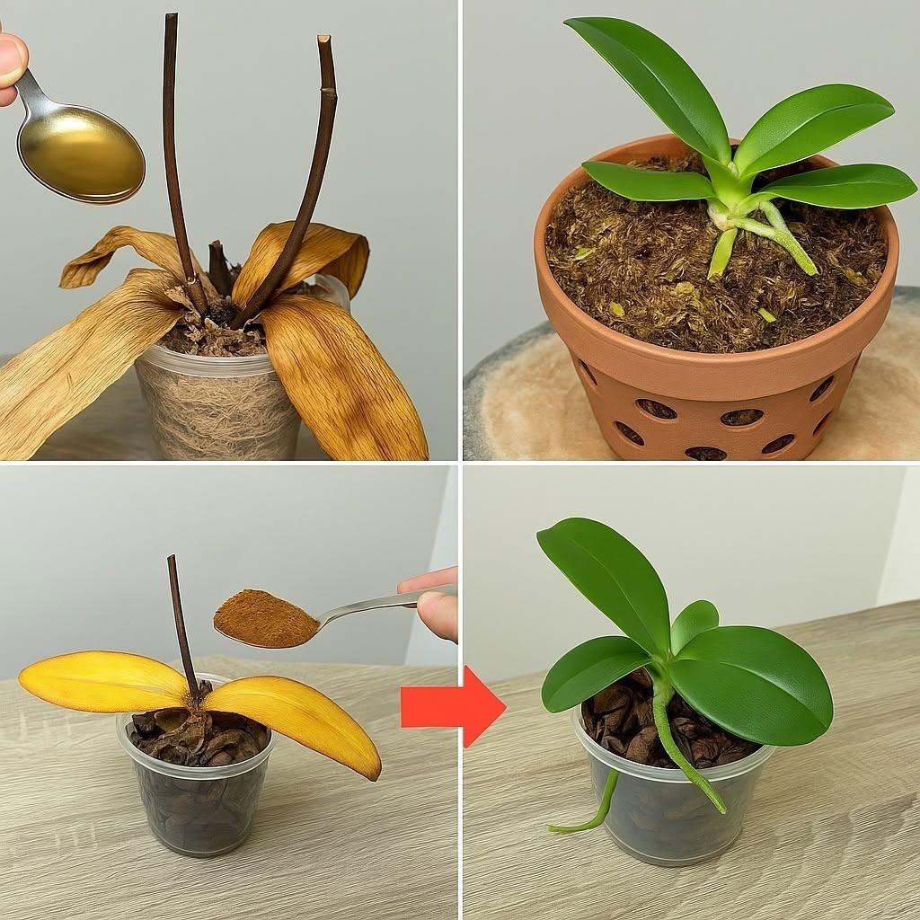 Strooi 1 eetlepel op de dode wortels van de orchidee! Deze herleeft en bloeit het hele jaar door.
