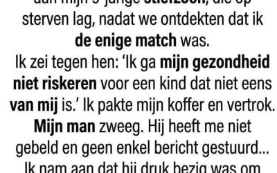 “Ik Weigerde Mijn Beenmerg te Doneren aan Mijn Stiefzoon van 9”: Een Verhaal over Keuzes, Geheimen en ConsequentiesSommige beslissingen in het leven zijn zo ingrijpend dat ze de koers van je toekomst in één enkel moment voorgoed veranderen. Wat doe je wanneer je geconfronteerd wordt met een medisch dilemma waarbij het leven van een kind op het spel staat, maar je eigen angsten en emotionele grenzen je verstand overnemen?  Dit is het verhaal van een vrouw die een grens trok op het meest kritieke moment in het leven van haar gezin, de koffer pakte en wegliep. Maar wat ze bij haar terugkeer aantrof, veranderde haar perspectief op haar huwelijk, de waarheid en de menselijke natuur voor altijd.  Het Telefoontje Dat Alles Veranderde Het begon allemaal op een regenachtige dinsdagmiddag. Leo, de 9-jarige zoon van mijn man Mark uit een eerder huwelijk, was al weken extreem moe en bleek. Wat in eerste instantie leek op een hardnekkig griepje, veranderde in een nachtmerrie toen de artsen in het ziekenhuis na talloze bloedonderzoeken de diagnose stelden: acute leukemie.  De enige echte kans op genezing was een dringende beenmergtransplantatie. De zoektocht naar een geschikte donor begon direct. De biologische moeder van Leo was helaas jaren geleden overleden, en Mark bleek na testen geen volledige match te zijn. Omdat de internationale donorbanken op korte termijn geen geschikte match konden vinden, liet de arts terloops vallen dat iedereen in de directe omgeving zich kon laten testen.  Hoewel ik geen bloedverwant van Leo was, besloot ik me toch te laten testen, puur uit solidariteit. Een week later belde het ziekenhuis met medisch nieuws dat als een donderslag bij heldere hemel insloeg: ik was een vrijwel perfecte match. De kans dat een niet-bloedverwant stiefouder een match is, is microscopisch klein, maar het wonder was gebeurd.  De Conformatie en het Dilemma Wat een opluchting had moeten zijn voor het gezin, sloeg bij mij om in een diepe, verlammende angst. Ik was altijd al doodsbang geweest voor medische ingrepen, ziekenhuizen en narcose. De gedachte dat er onder algehele narcose stamcellen uit mijn bekkenbeenderen gehaald zouden worden, veroorzaakte paniekaanvallen.  Bovendien was mijn relatie met Leo nooit gemakkelijk geweest. Hij keerde zich vaak tegen mij, miste zijn biologische moeder en liet bij elke gelegenheid merken dat ik “niet zijn echte moeder” was. In mijn hoofd begon een duistere, egoïstische stem te spreken: Waarom zou ik mijn eigen gezondheid en lichaam riskeren voor een kind dat mij nooit geaccepteerd heeft en niet eens van mij is?  Toen Mark me met betraande ogen smeekte om de procedure door te zetten, sloeg de vlam in de pan.